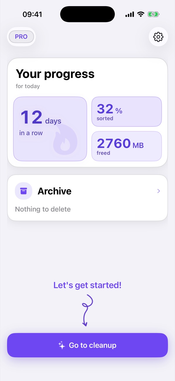Progress: streak, % sorted, MB freed