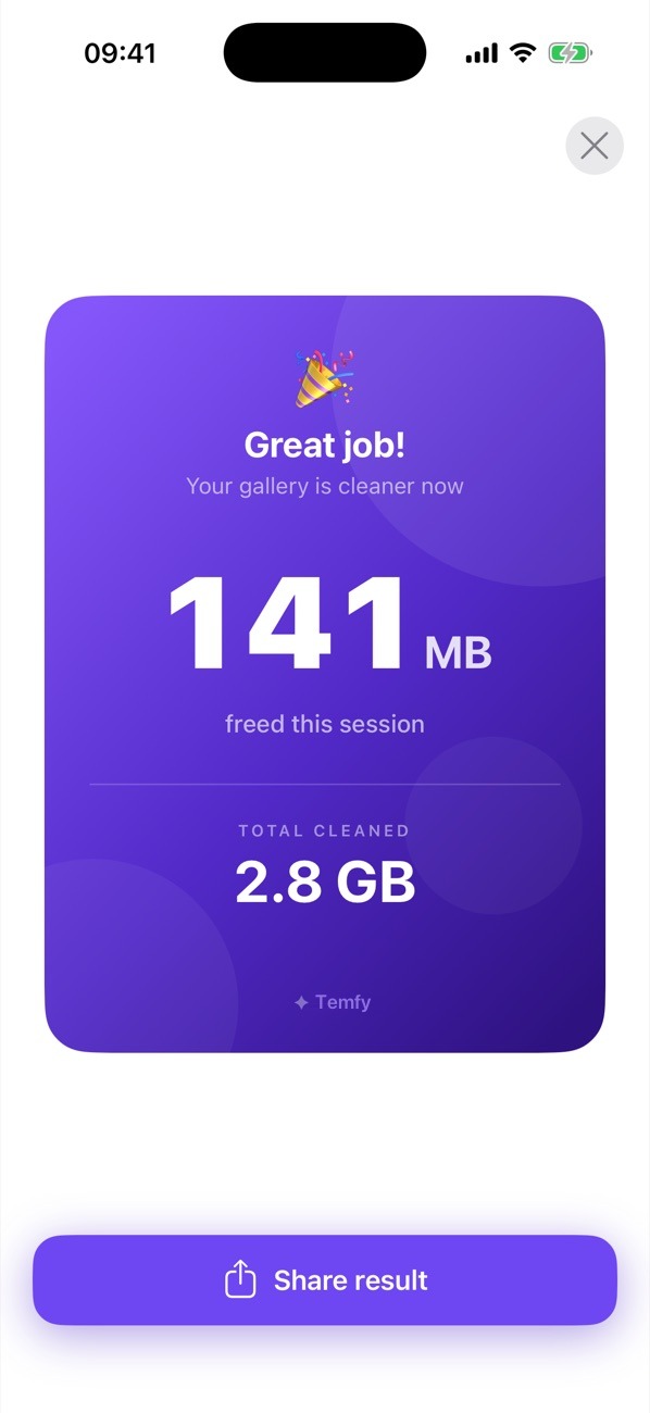 Session result — and total space cleaned